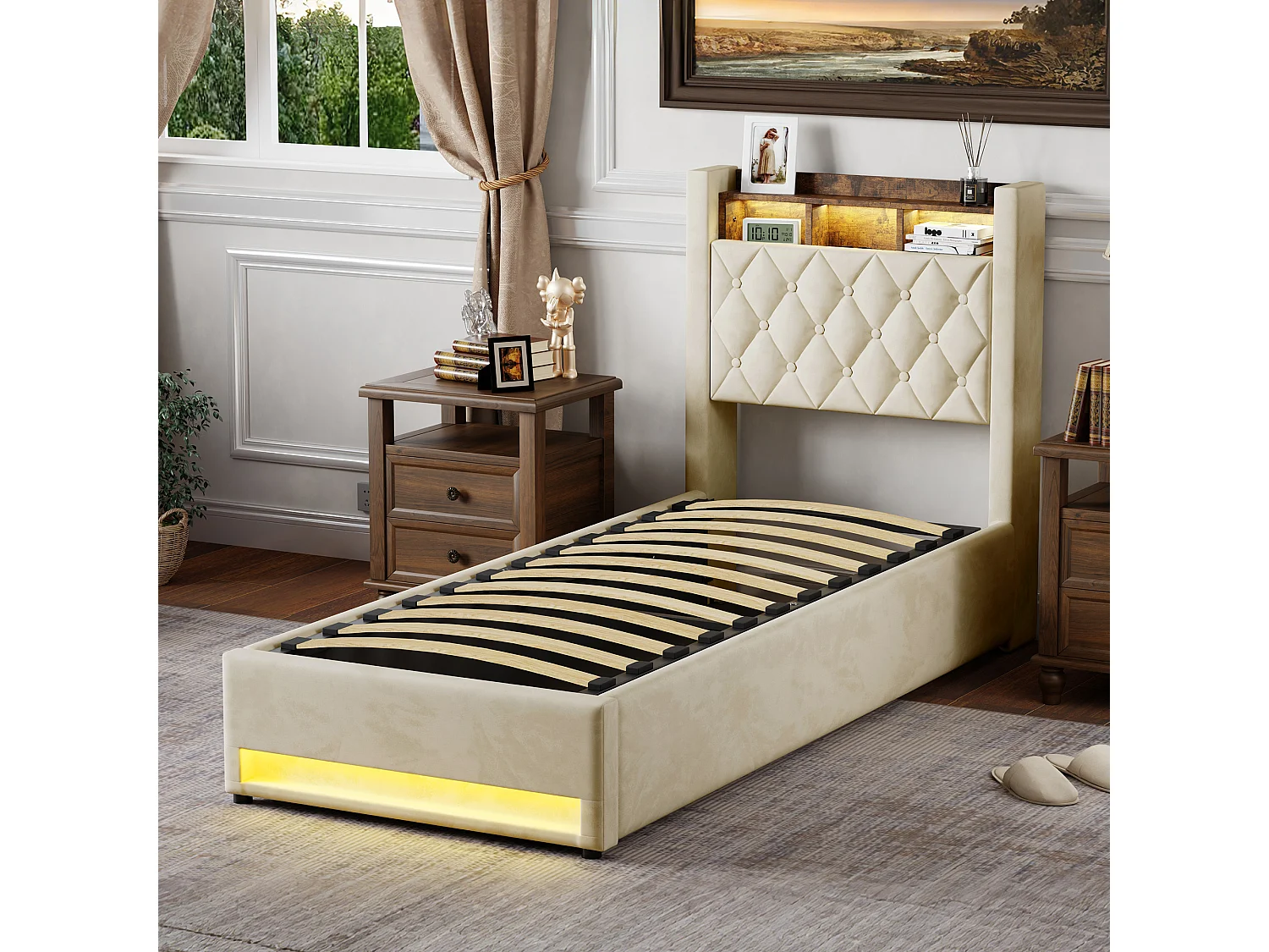 Lit coffre 90x190cm en velours hollandais - Lit simple avec prise et LED - Beige