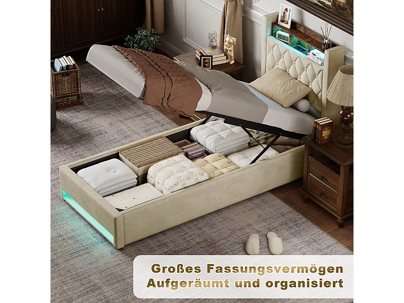 Lit coffre 90x190cm en velours hollandais - Lit simple avec prise et LED - Beige