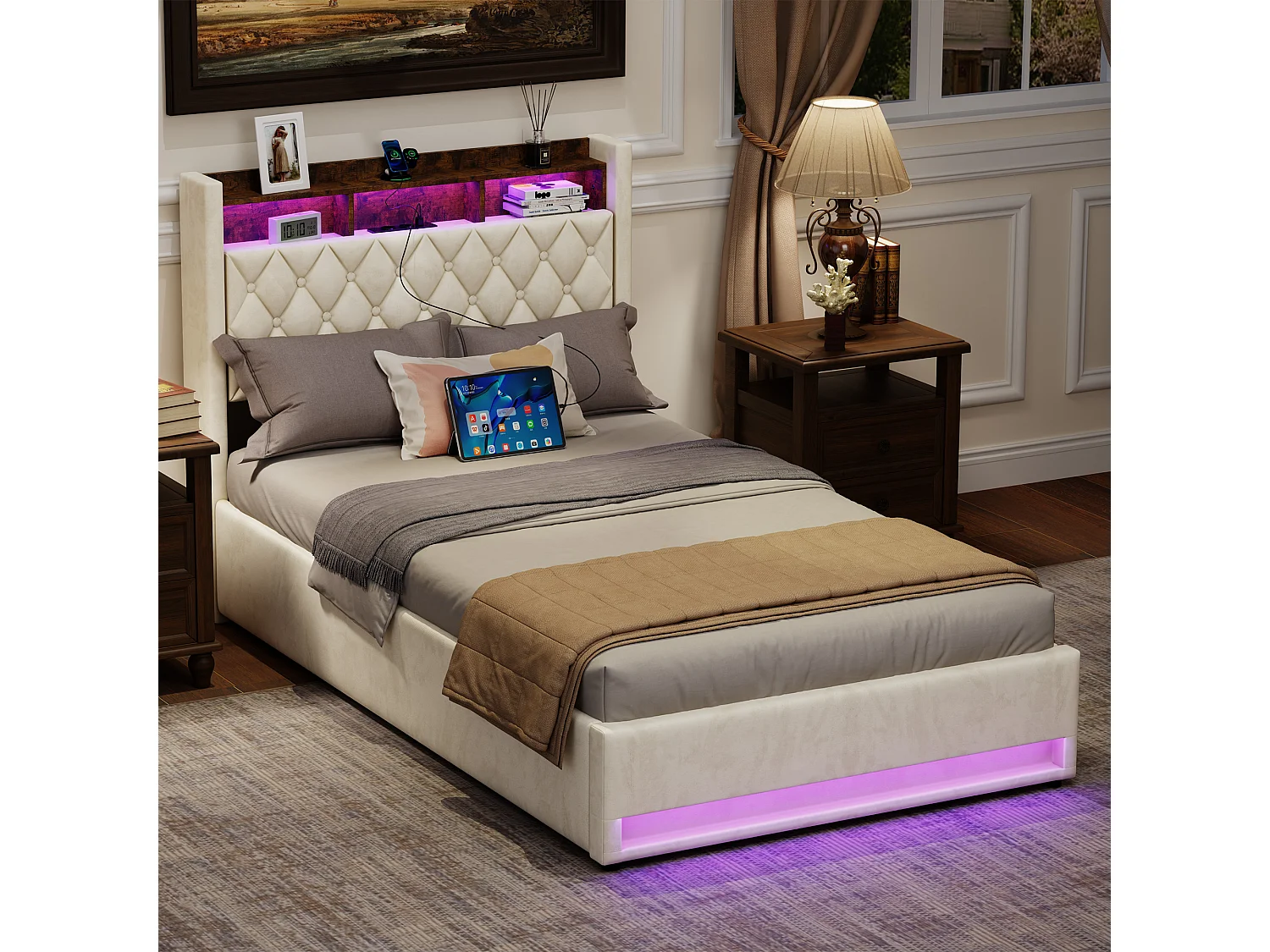 Lit coffre 140x190cm en velours hollandais - Lit adulte avec prise et LED - Beige