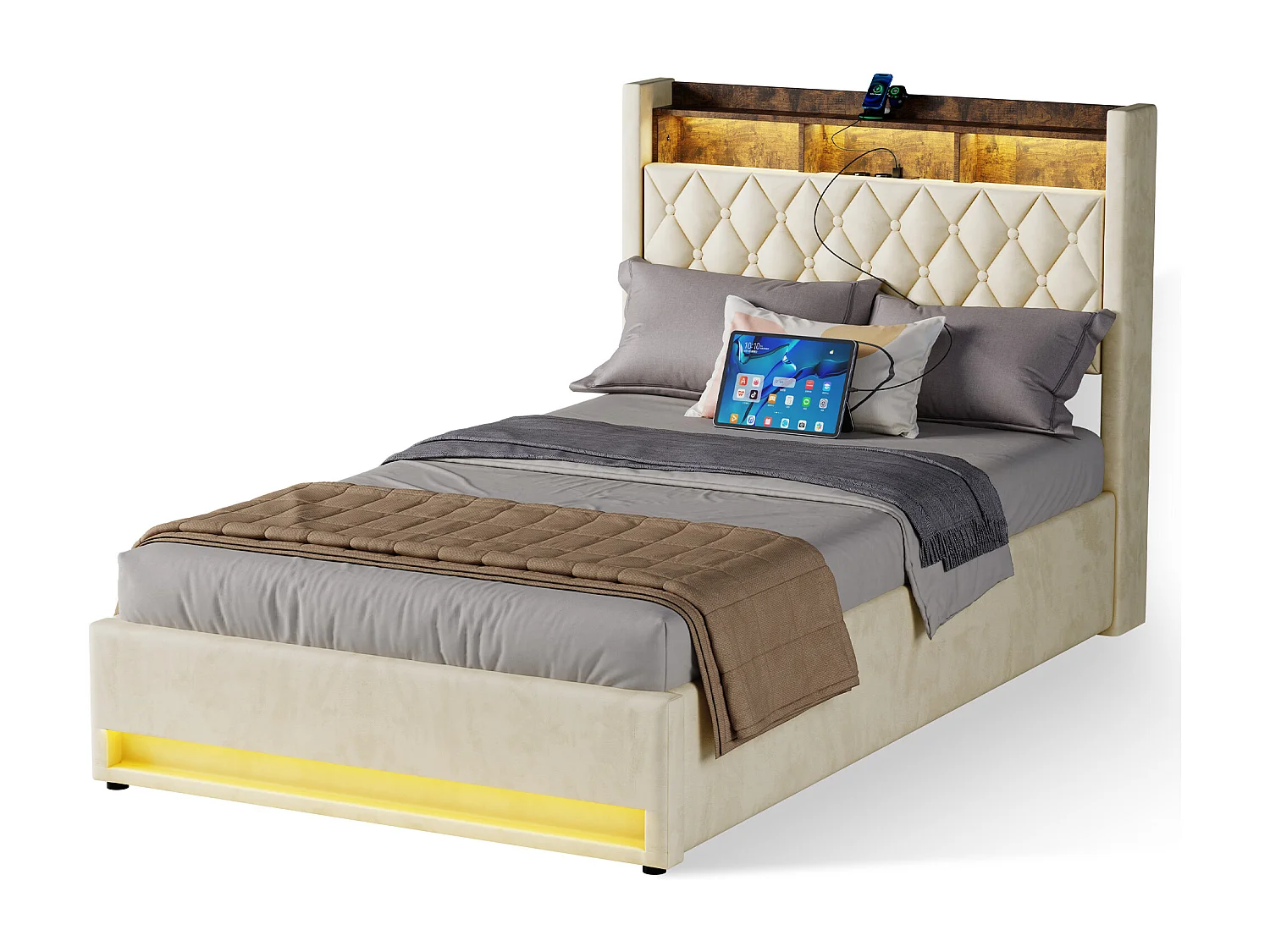 Lit coffre 140x190cm en velours hollandais - Lit adulte avec prise et LED - Beige
