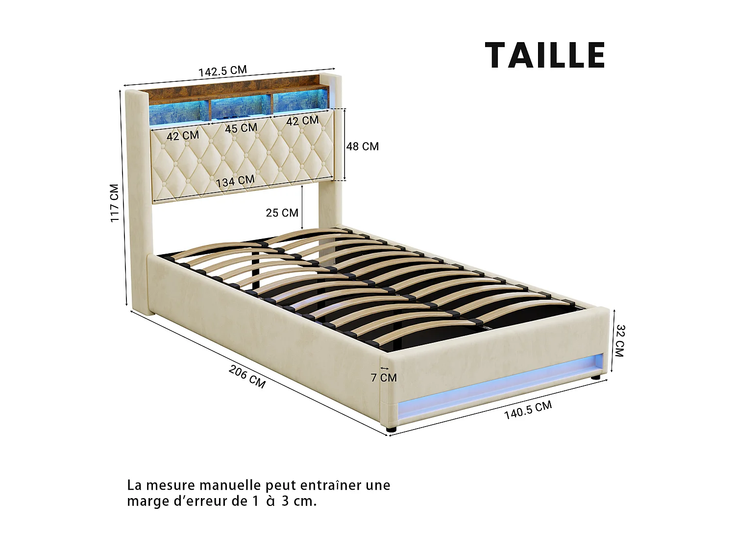 Lit coffre 140x190cm en velours hollandais - Lit adulte avec prise et LED - Beige