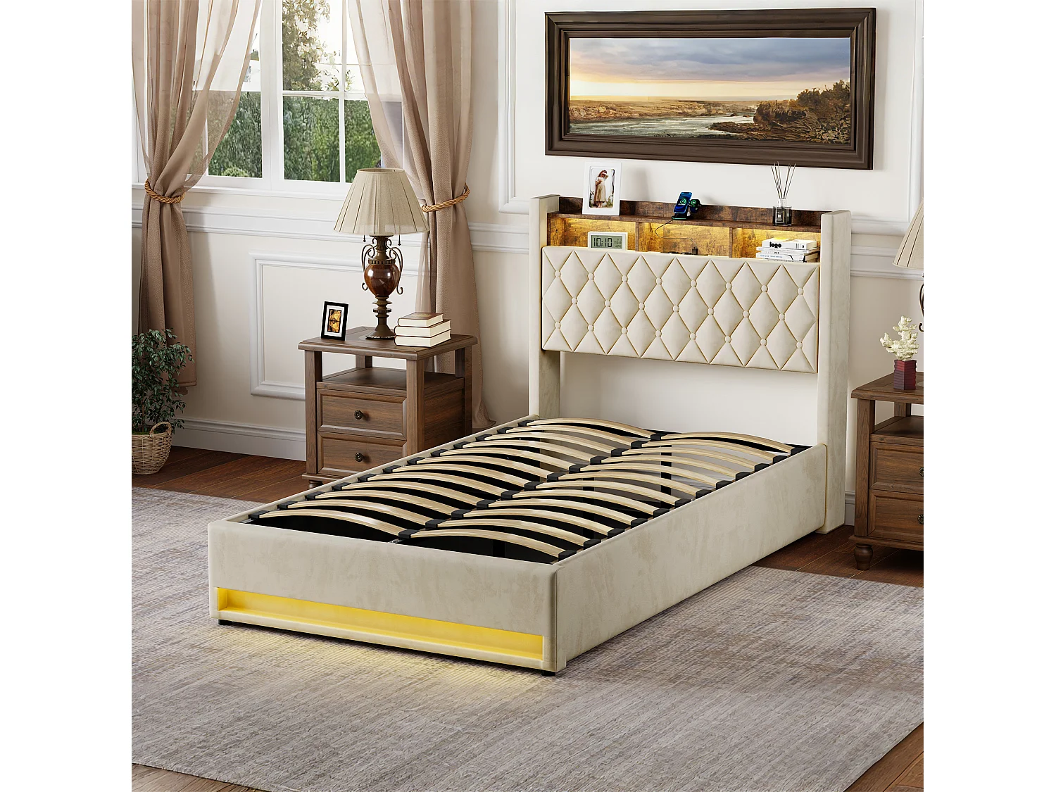 Lit coffre 140x190cm en velours hollandais - Lit adulte avec prise et LED - Beige
