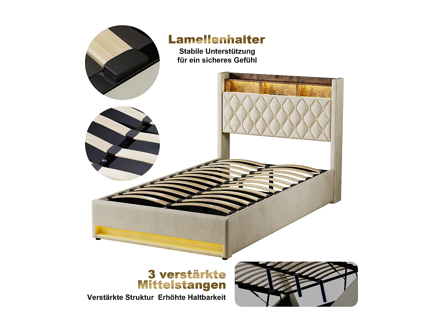 Lit coffre 140x190cm en velours hollandais - Lit adulte avec prise et LED - Beige