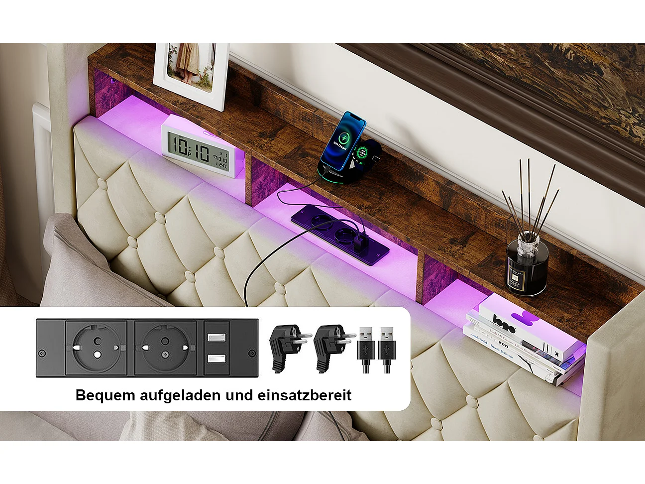 Lit coffre 140x190cm en velours hollandais - Lit adulte avec prise et LED - Beige