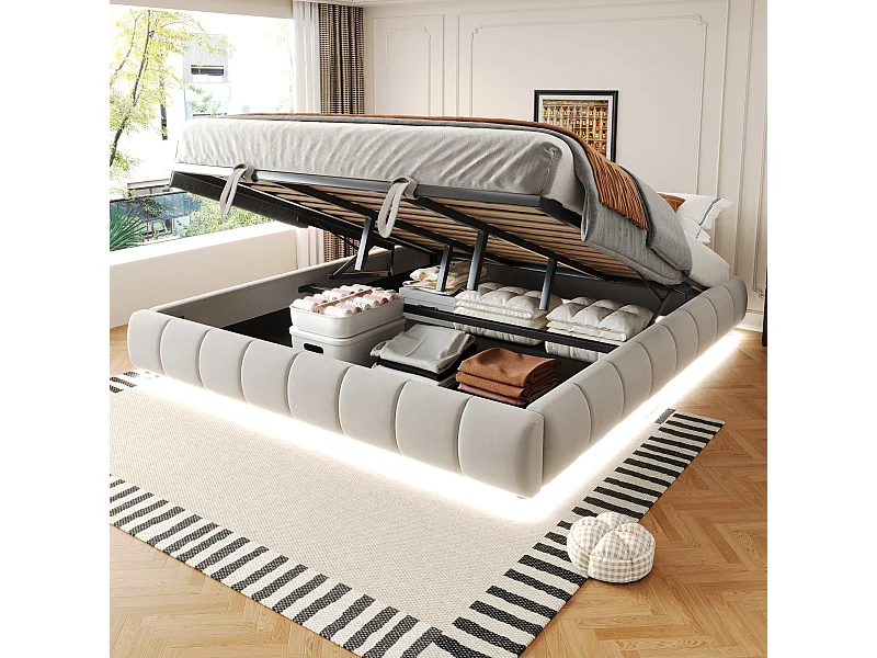 Lit coffre double adulte 180x200cm en flanelle avec LED - Sans tête de lit - Beige