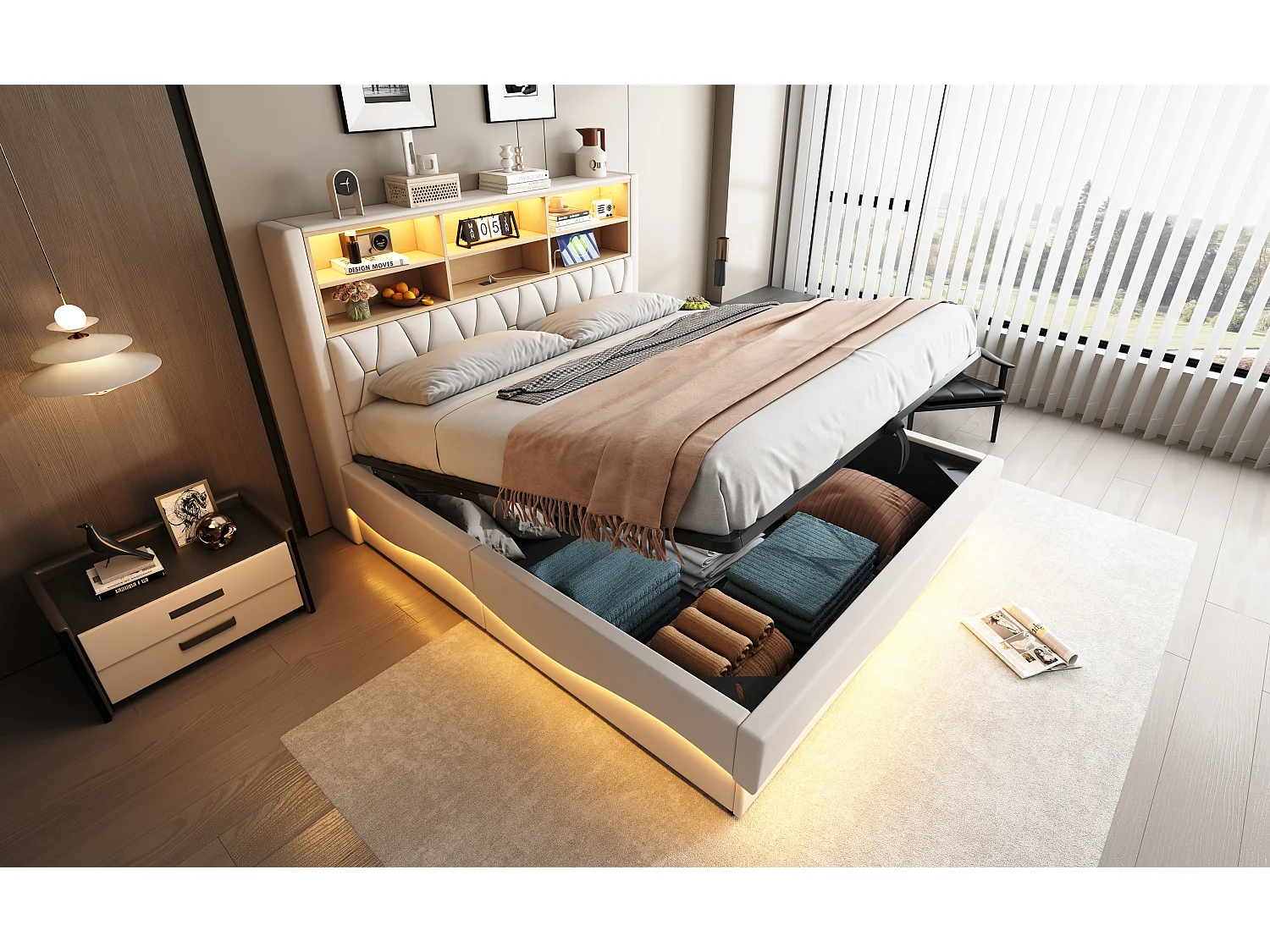 Cama doble con canapé para adultos 180x200cm con LED y puertos USB - Somier de láminas metálicas - Lino beige
