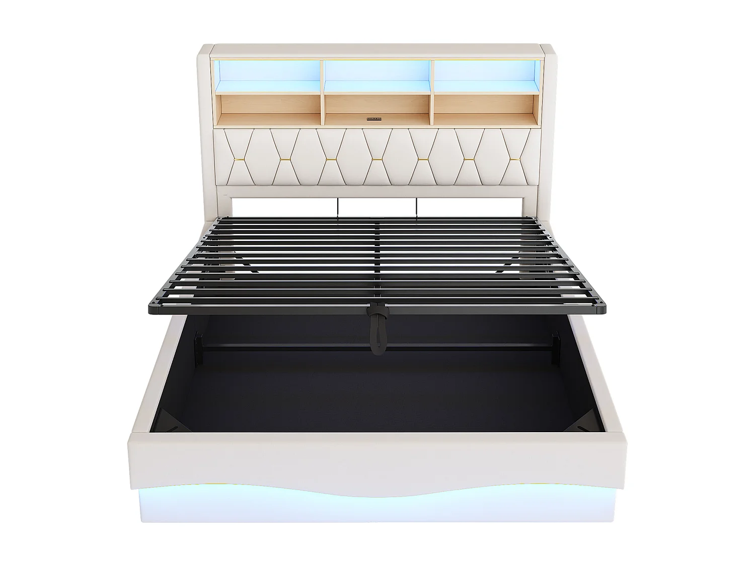 Cama doble con canapé para adultos 180x200cm con LED y puertos USB - Somier de láminas metálicas - Lino beige