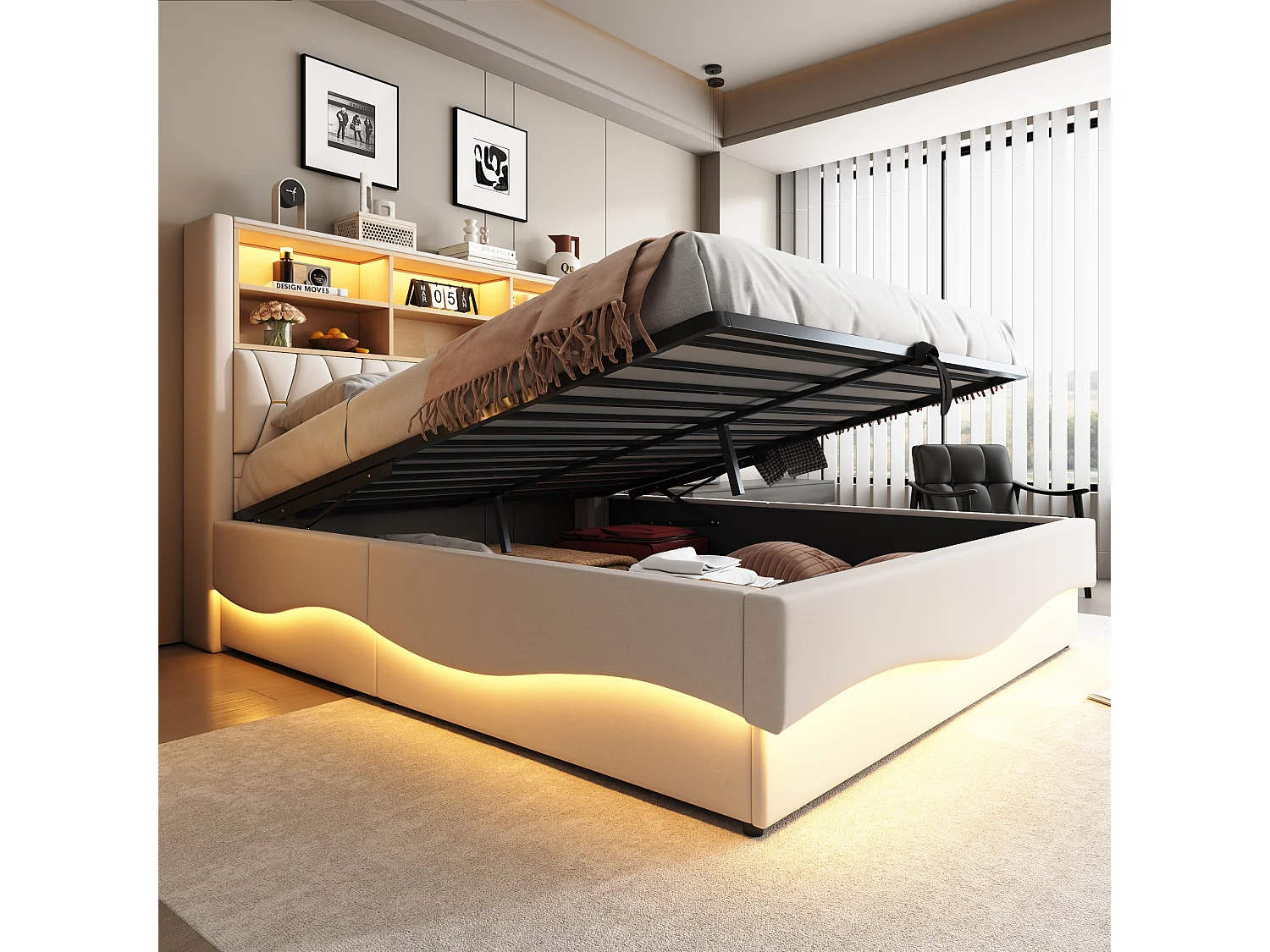 Cama doble con canapé para adultos 180x200cm con LED y puertos USB - Somier de láminas metálicas - Lino beige