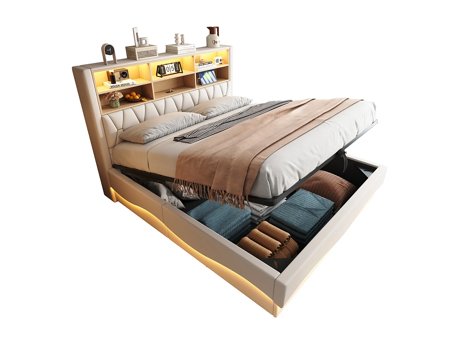 Cama doble con canapé para adultos 180x200cm con LED y puertos USB - Somier de láminas metálicas - Lino beige