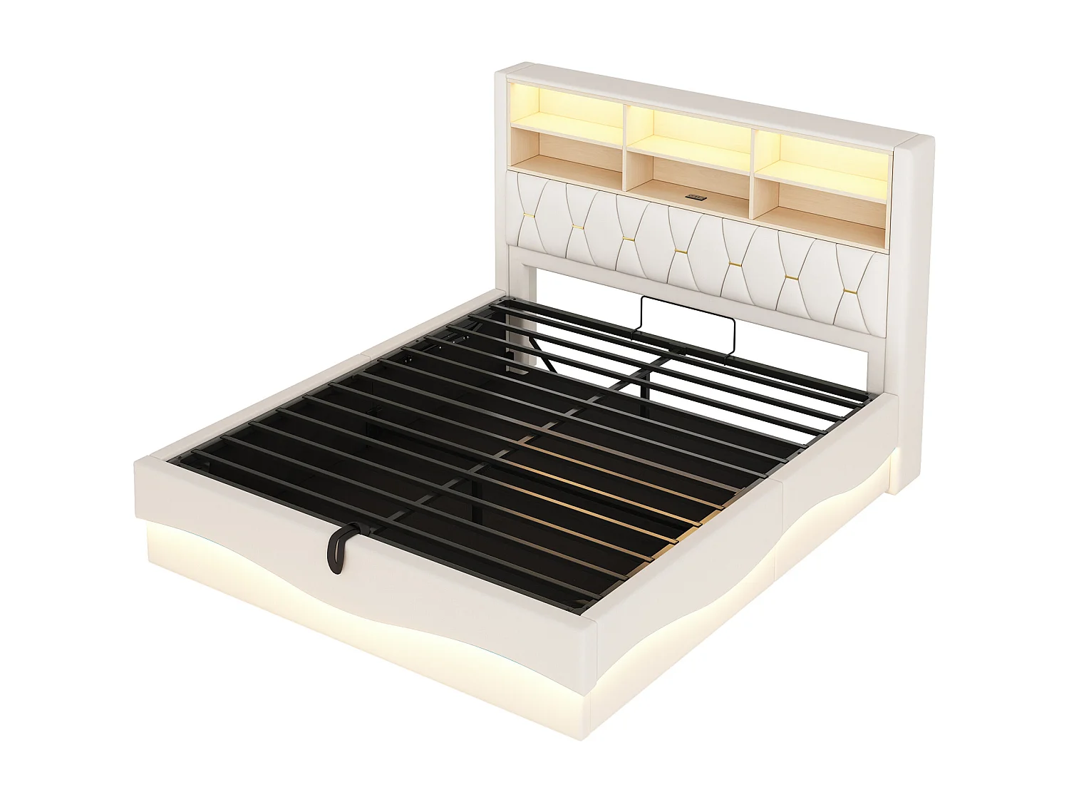 Cama doble con canapé para adultos 180x200cm con LED y puertos USB - Somier de láminas metálicas - Lino beige