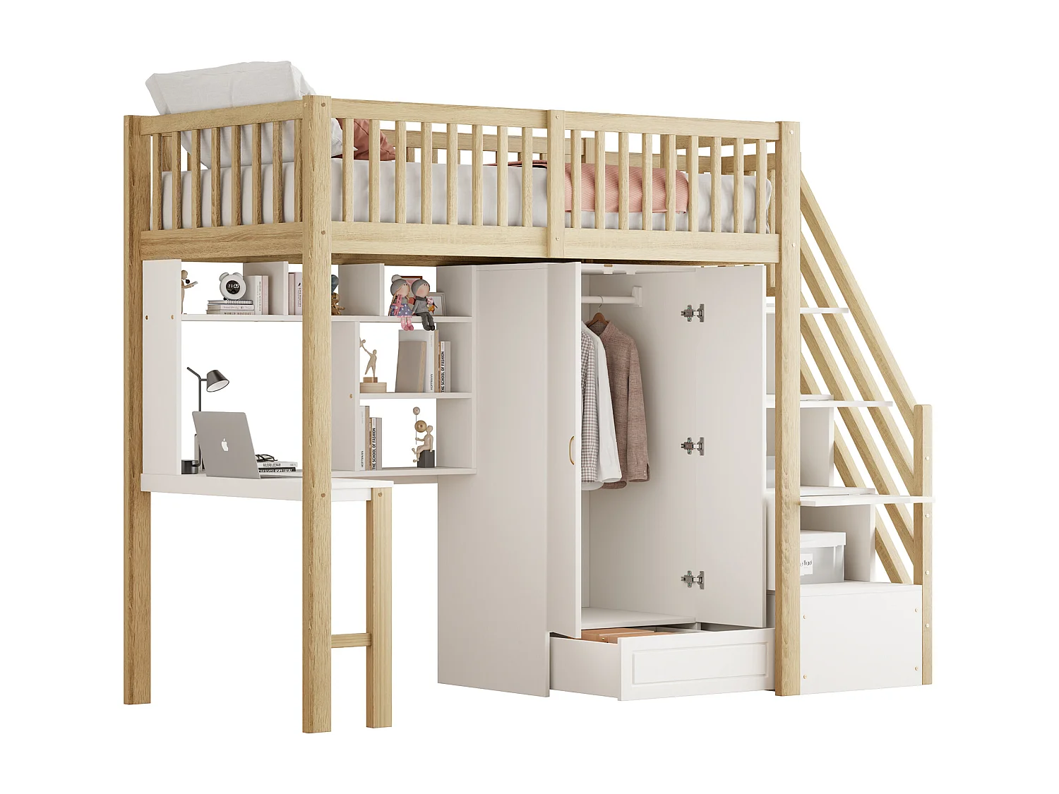 Hoogslaper van 90 x 200 cm met kledingkast, bureau en opbergtrap - Wit en licht naturel