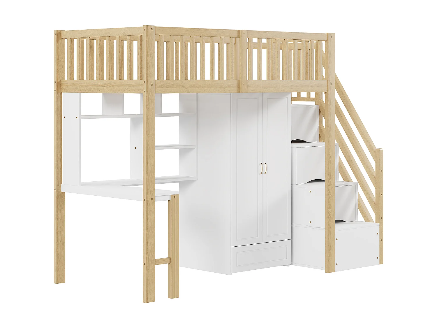 Hoogslaper van 90 x 200 cm met kledingkast, bureau en opbergtrap - Wit en licht naturel