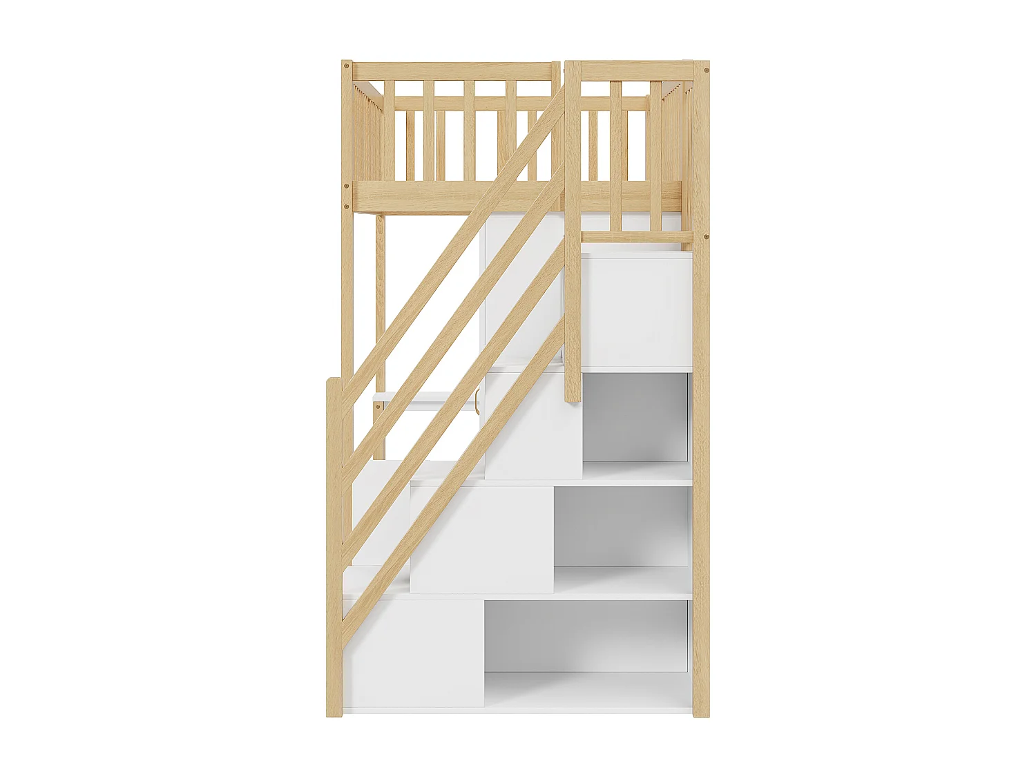 Hoogslaper van 90 x 200 cm met kledingkast, bureau en opbergtrap - Wit en licht naturel