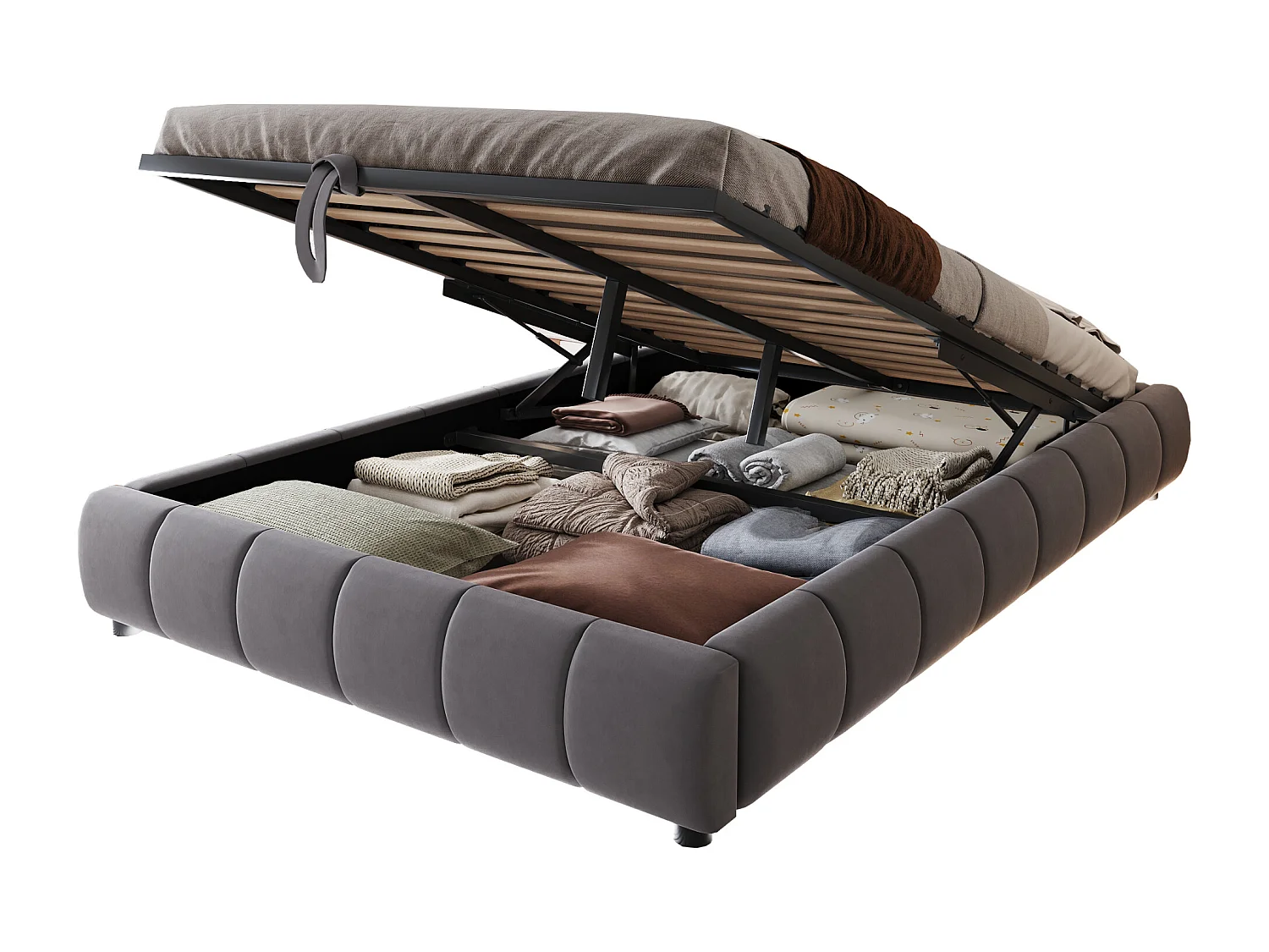 Cama con almacenaje de 140 x 200 cm en franela con iluminación LED (cabecero no incluido) - Gris