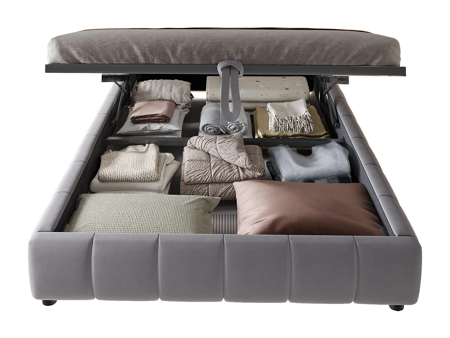 Cama con almacenaje de 140 x 200 cm en franela con iluminación LED (cabecero no incluido) - Gris