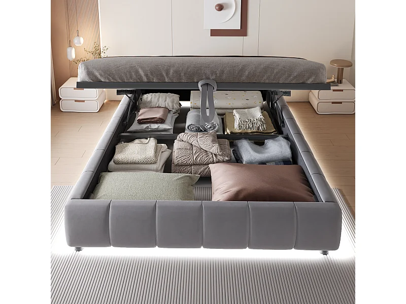 Cama con almacenaje de 140 x 200 cm en franela con iluminación LED (cabecero no incluido) - Gris