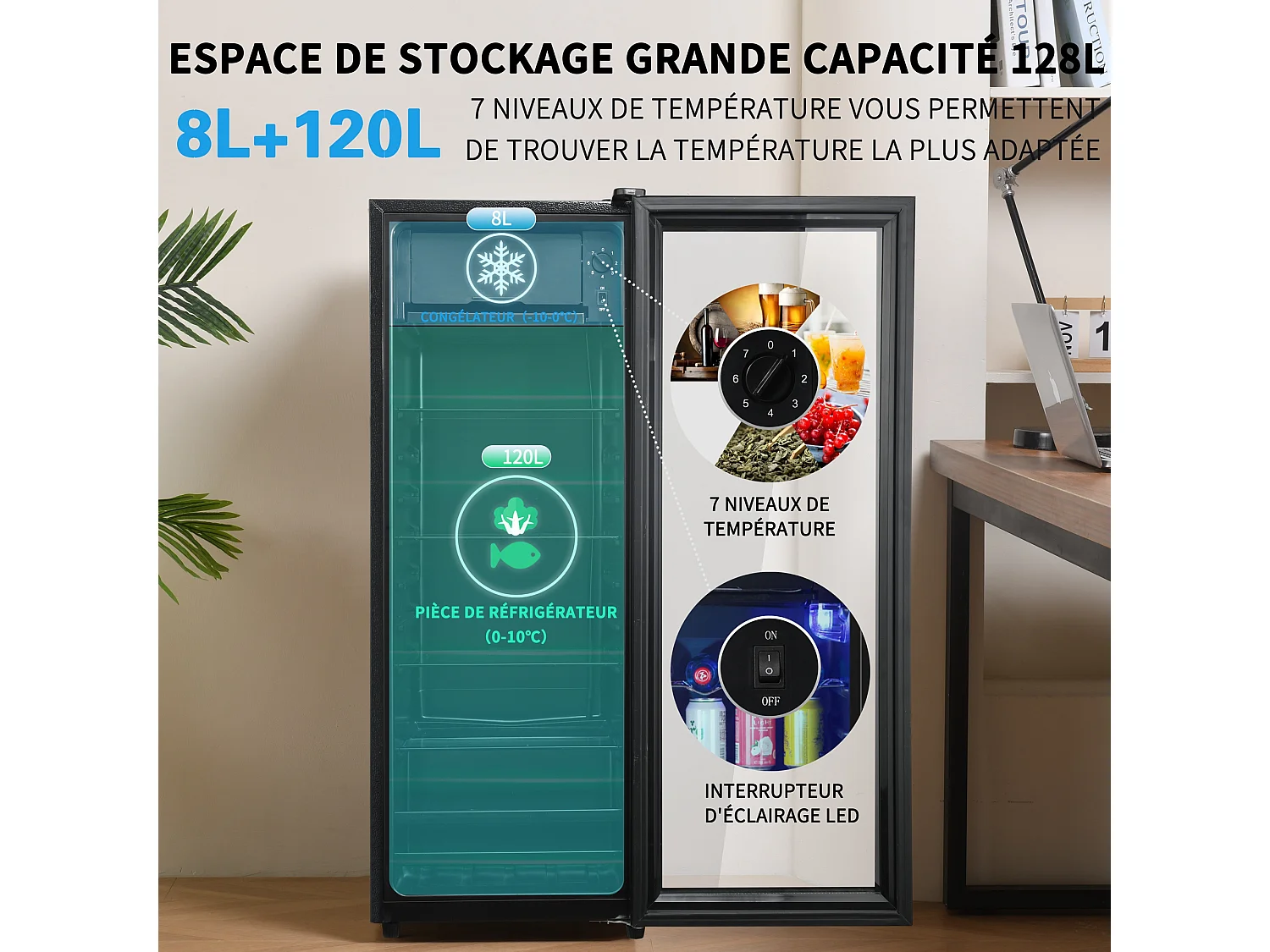 Mini-réfrigérateur de 128 L avec clayettes réglables et LED bleu - Noir