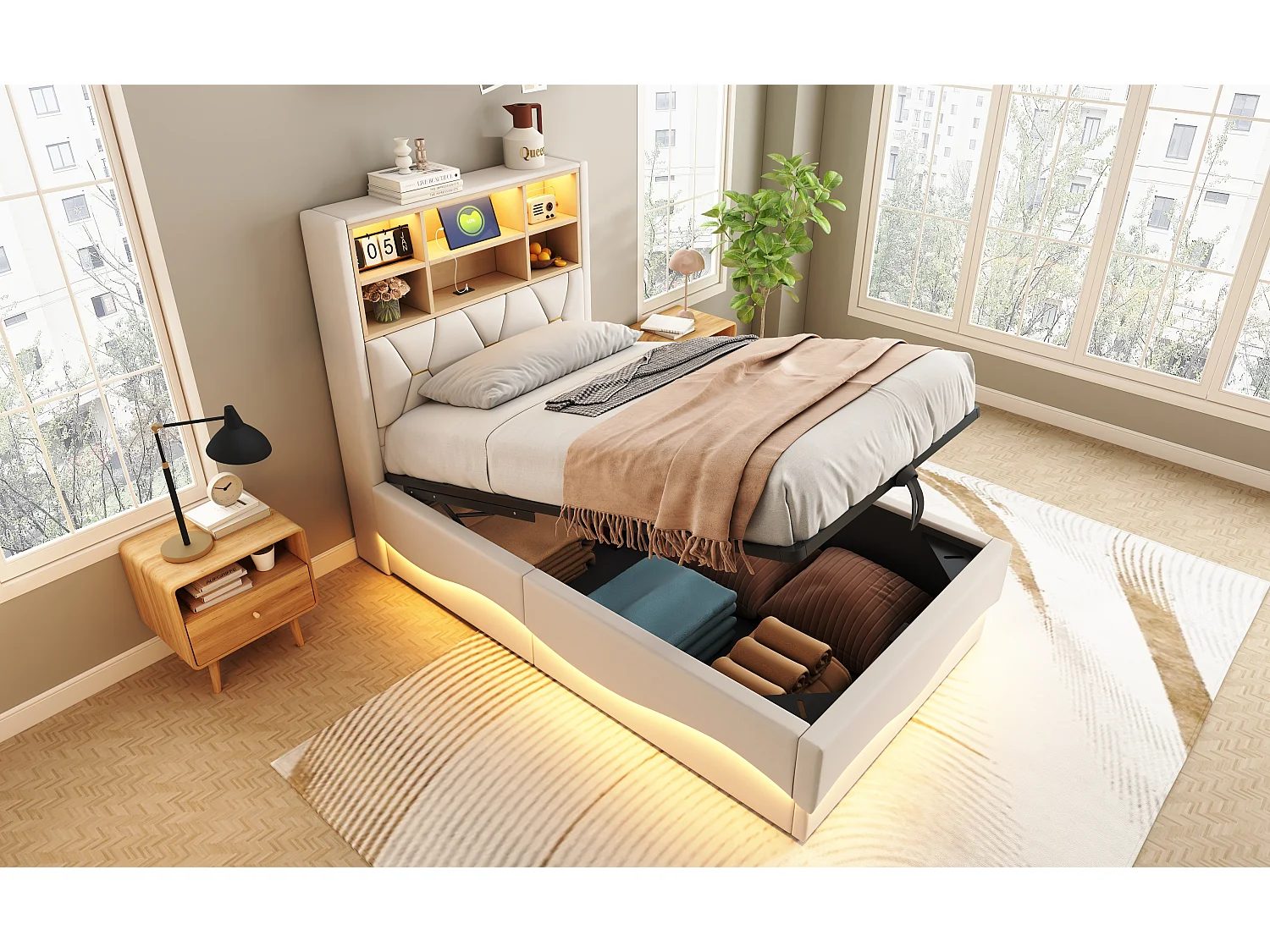 Cama infantil con canapé de 90x200cm con LED y puertos USB - Somier de láminas metálicas - Lino beige