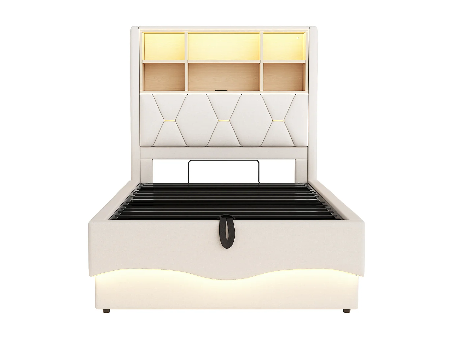 Cama infantil con canapé de 90x200cm con LED y puertos USB - Somier de láminas metálicas - Lino beige