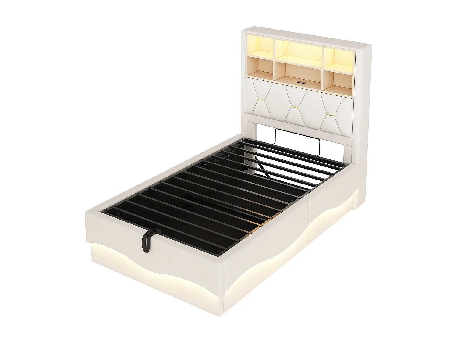Cama infantil con canapé de 90x200cm con LED y puertos USB - Somier de láminas metálicas - Lino beige
