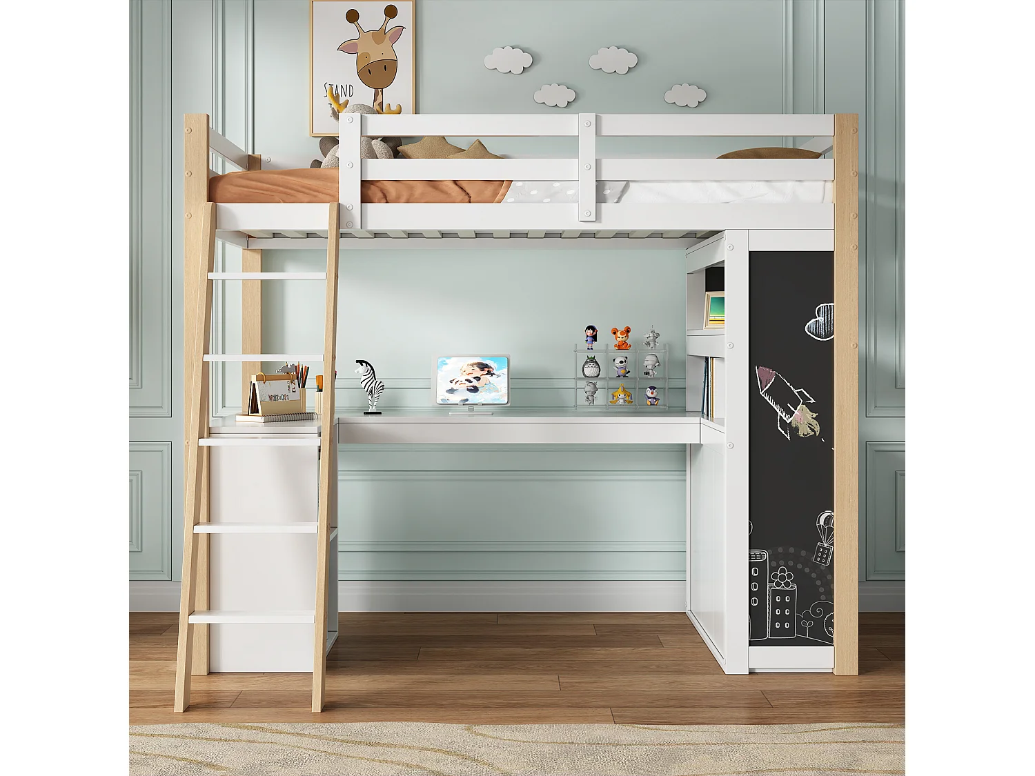 Cama alta infantil 90x200 cm con escritorio, 6 cajones y pizarra - Madera y MDF - Blanco