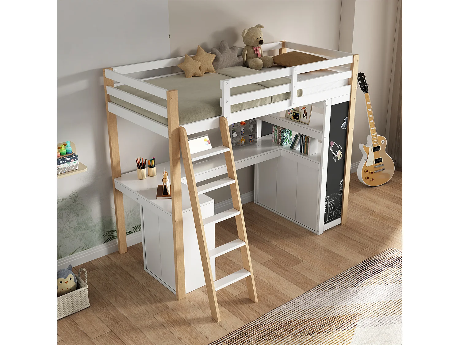 Cama alta infantil 90x200 cm con escritorio, 6 cajones y pizarra - Madera y MDF - Blanco