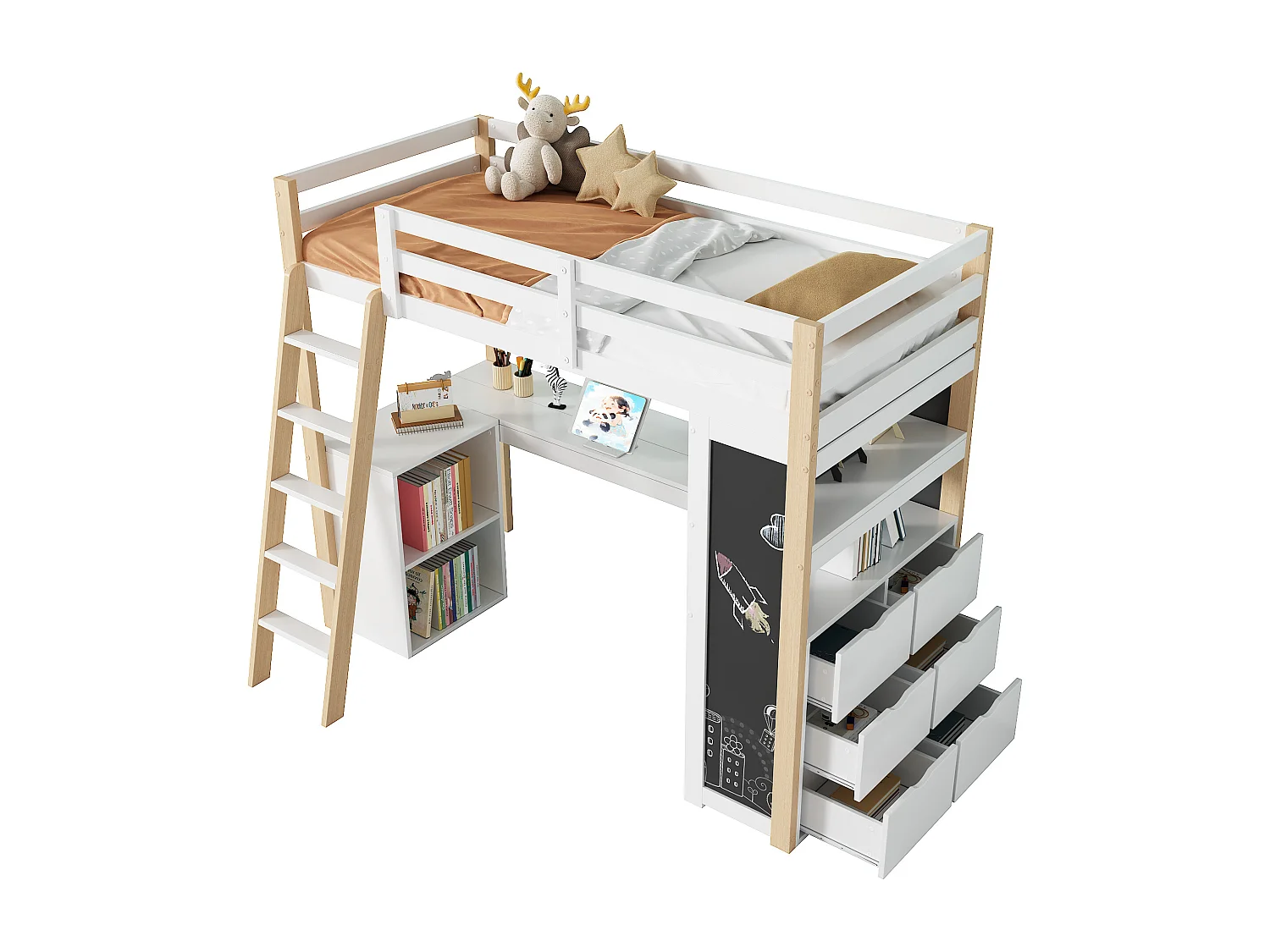 Cama alta infantil 90x200 cm con escritorio, 6 cajones y pizarra - Madera y MDF - Blanco