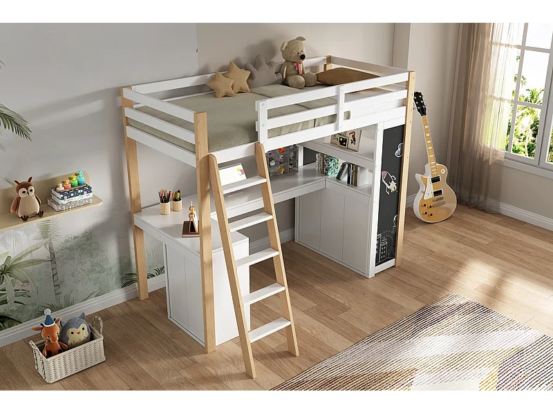 Cama alta infantil 90x200 cm con escritorio, 6 cajones y pizarra - Madera y MDF - Blanco