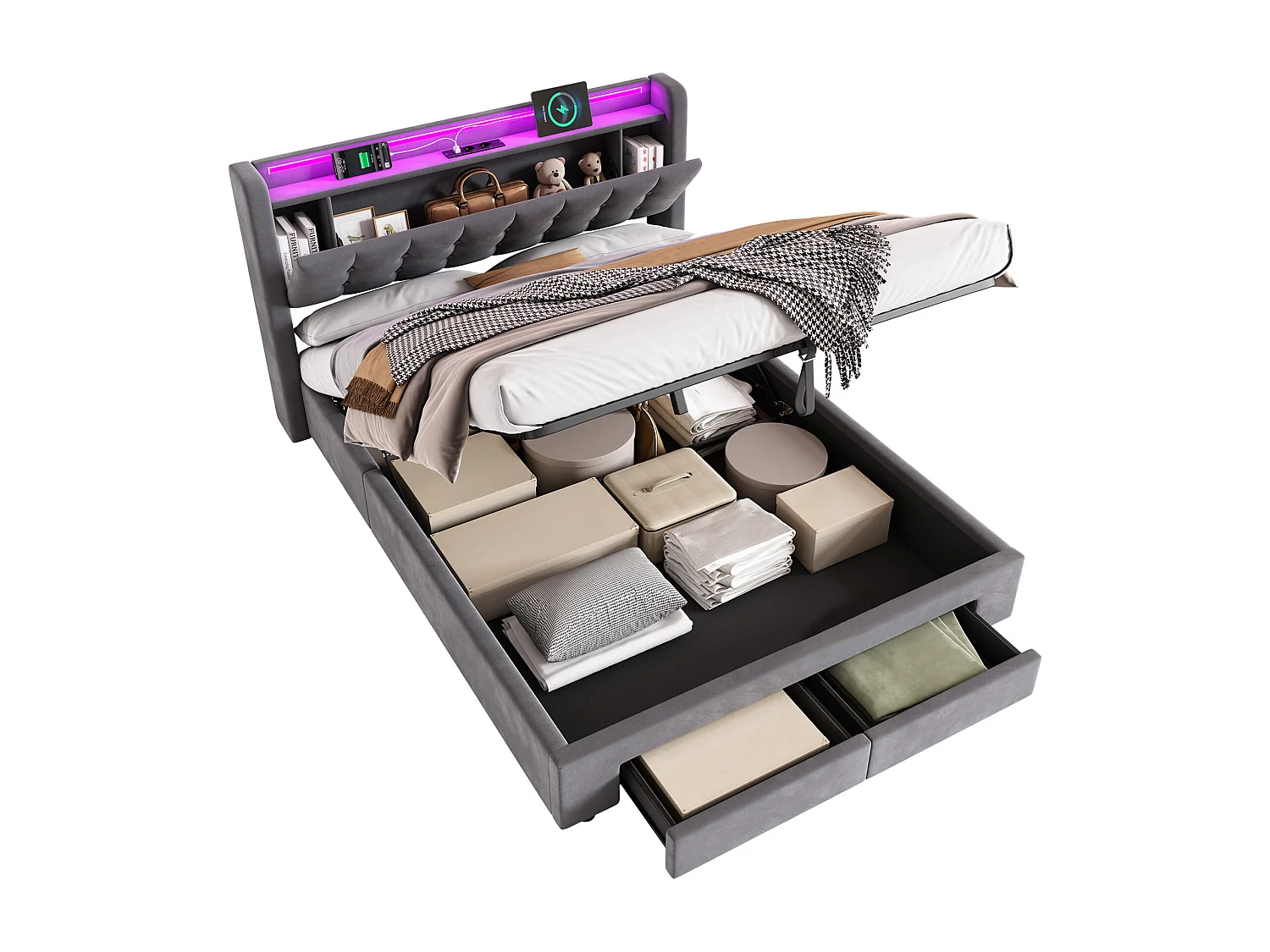 Lit coffre double 140x200cm avec 2 tiroirs, prise et tête de lit de rangement -Velours hollandais - Gris