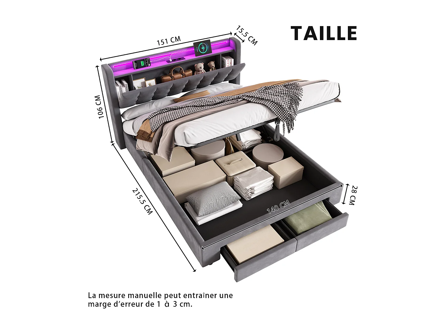 Lit coffre double 140x200cm avec 2 tiroirs, prise et tête de lit de rangement -Velours hollandais - Gris