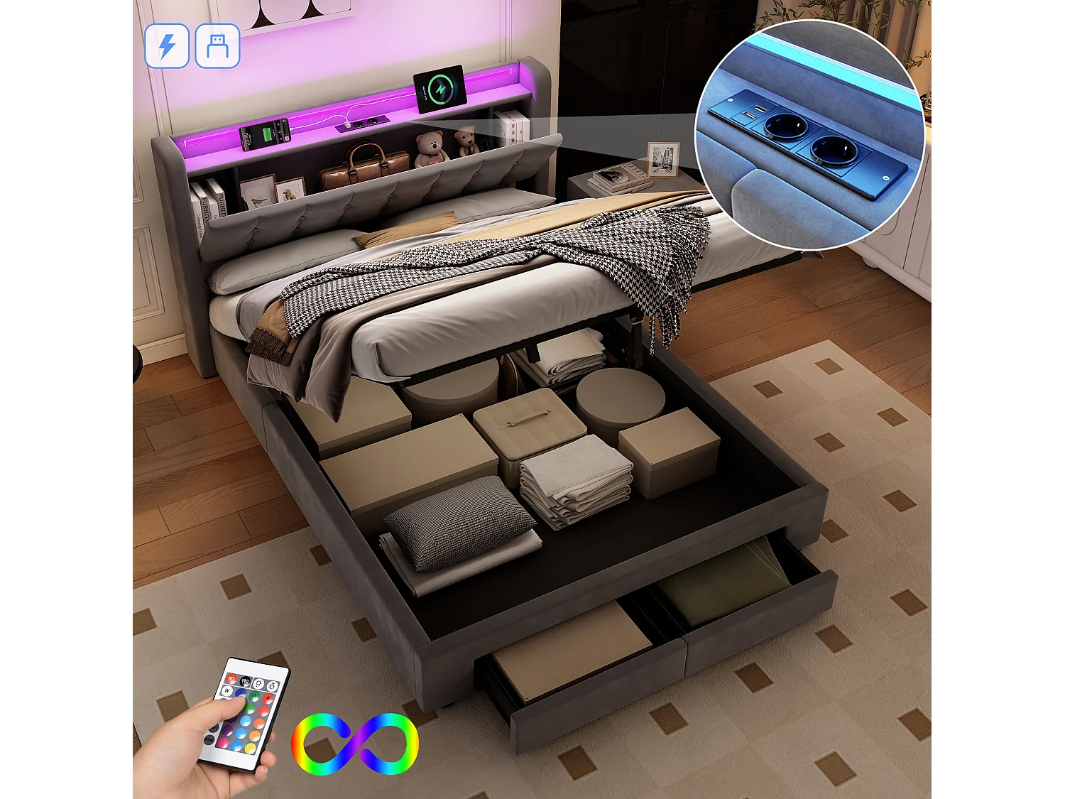 Lit coffre double 140x200cm avec 2 tiroirs, prise et tête de lit de rangement -Velours hollandais - Gris