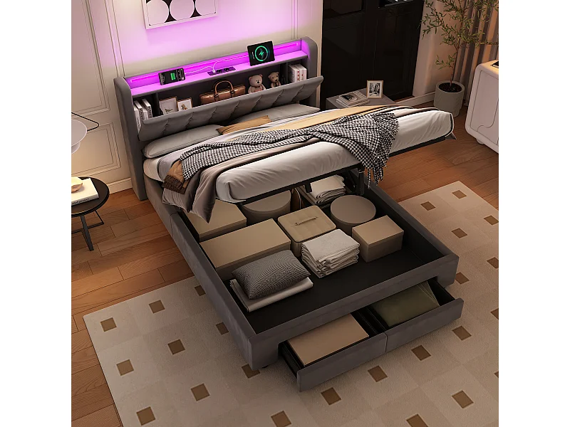 Lit coffre double 140x200cm avec 2 tiroirs, prise et tête de lit de rangement -Velours hollandais - Gris