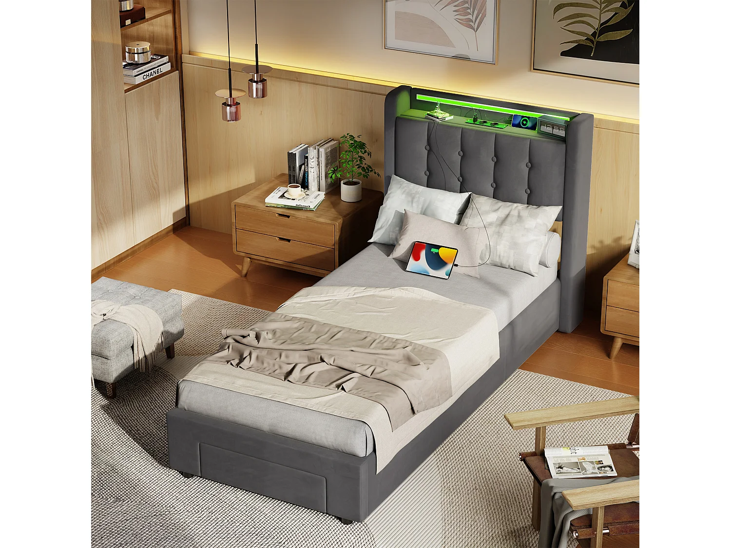 Lit coffre 90x190cm avec tiroir, prise et LED -Velours hollandais - Gris