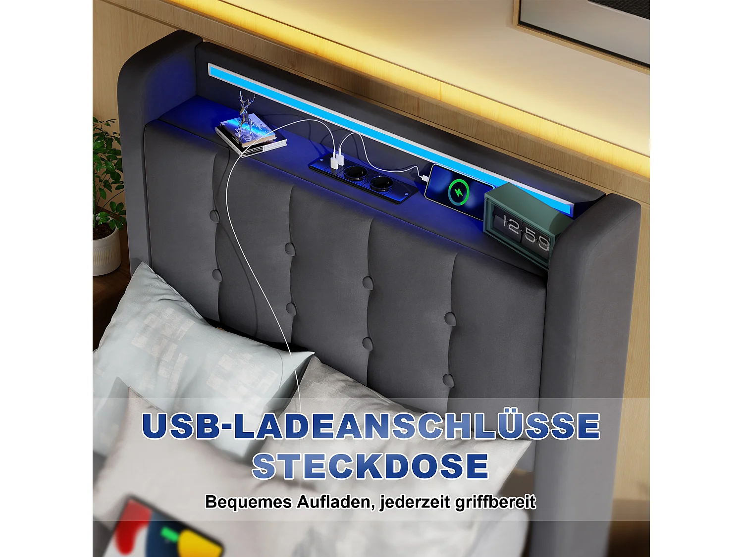 Lit coffre 90x190cm avec tiroir, prise et LED -Velours hollandais - Gris