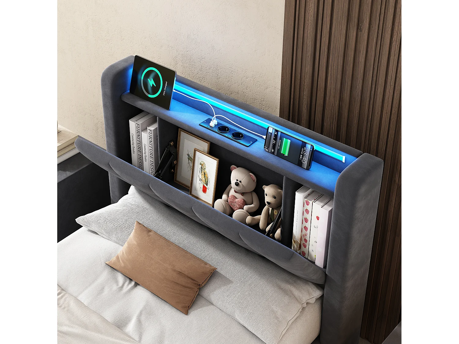 Lit coffre 90x190cm avec tiroir, prise et LED -Velours hollandais - Gris