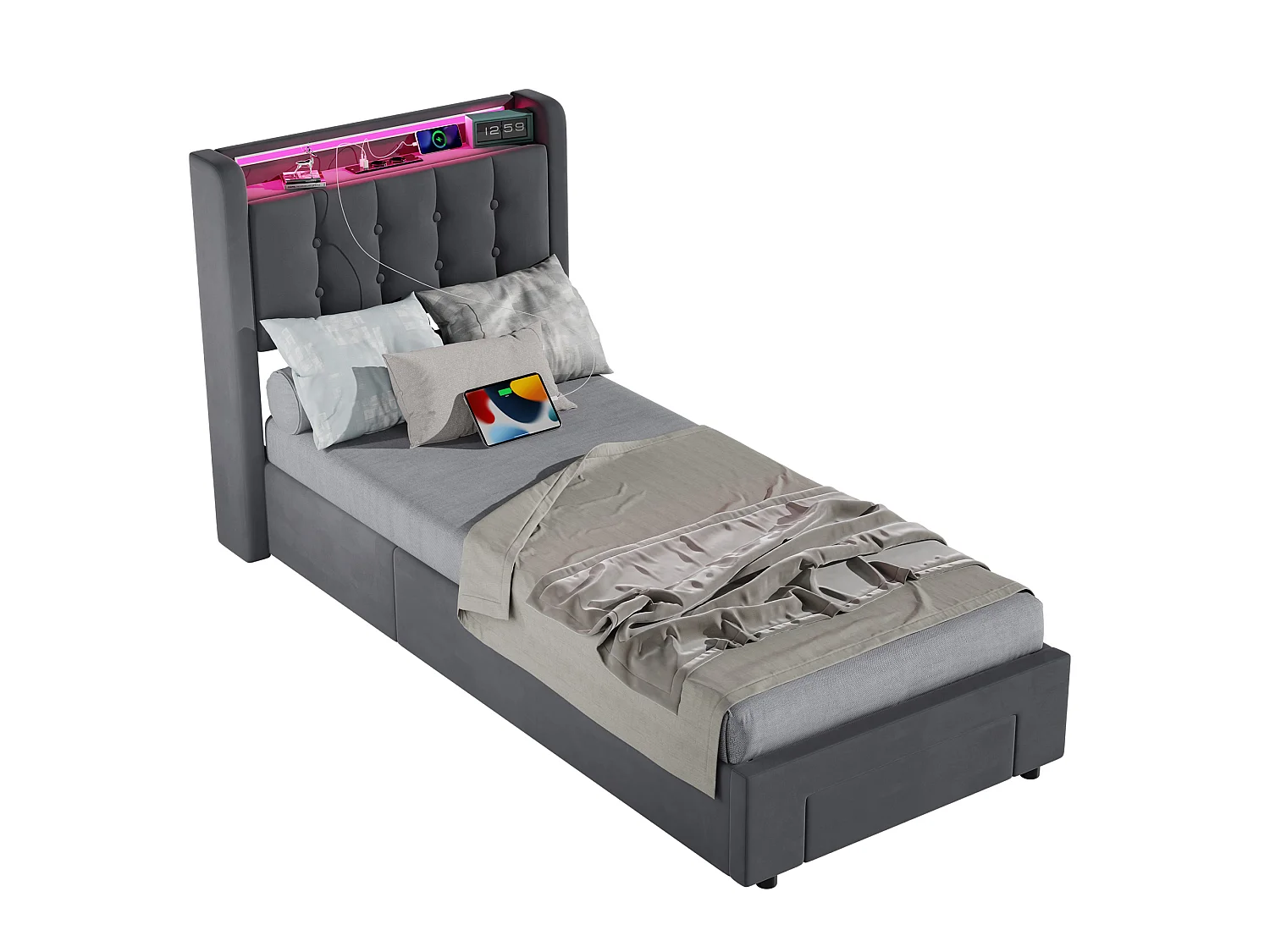 Lit coffre 90x190cm avec tiroir, prise et LED -Velours hollandais - Gris