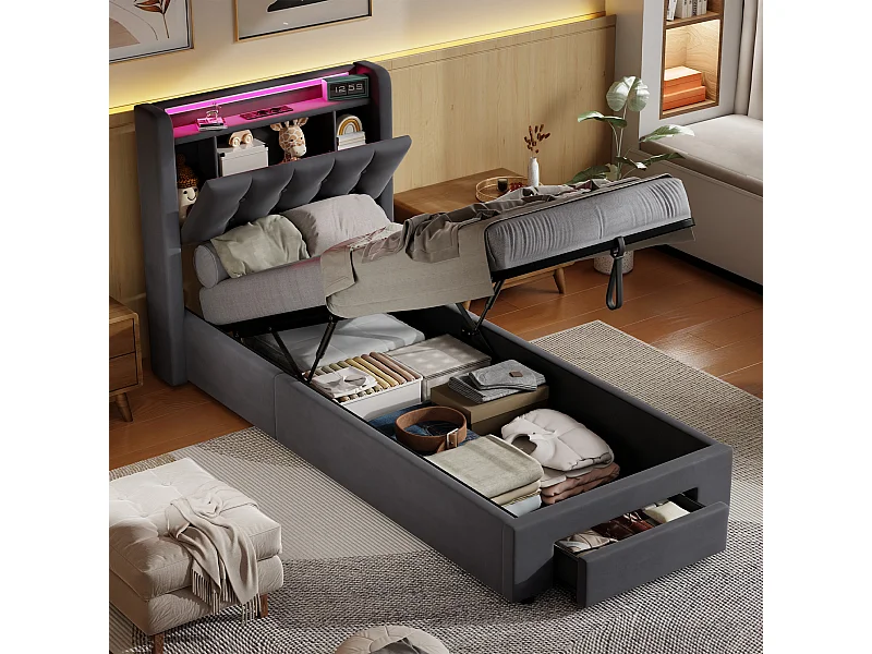Lit coffre 90x190cm avec tiroir, prise et LED -Velours hollandais - Gris
