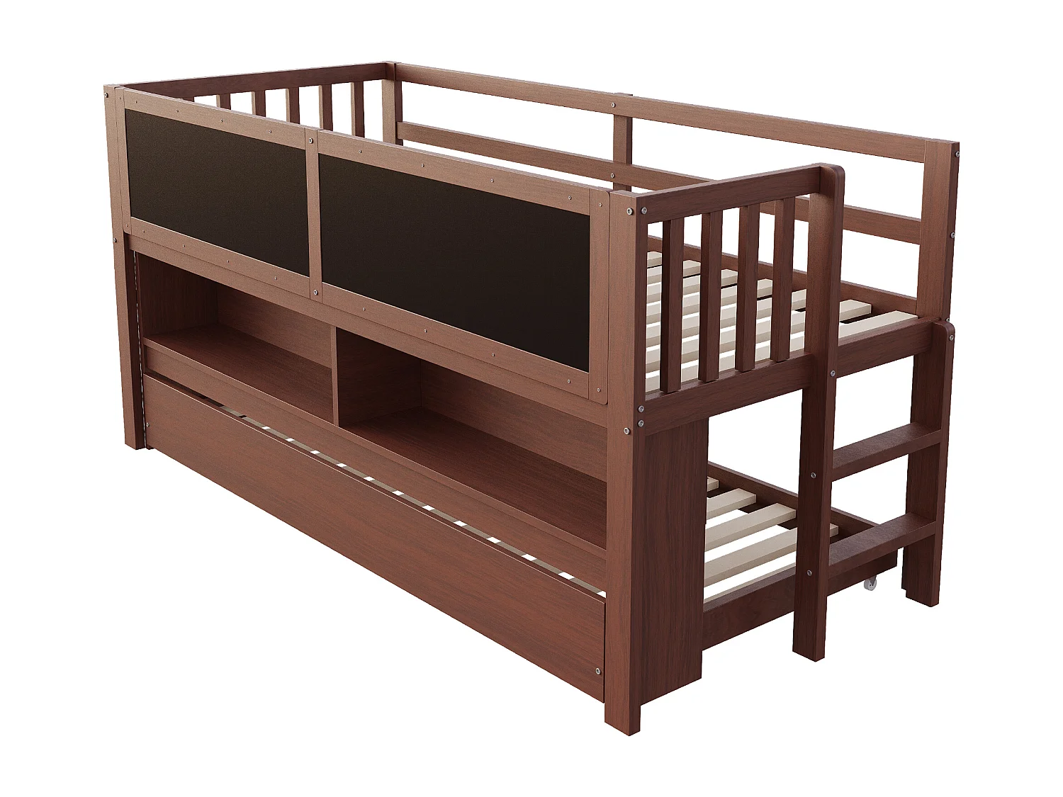 Letto per bambini a mezza altezza 90x200cm con letto estraibile 90x190cm - Contenitore e lavagna - Naturale scuro