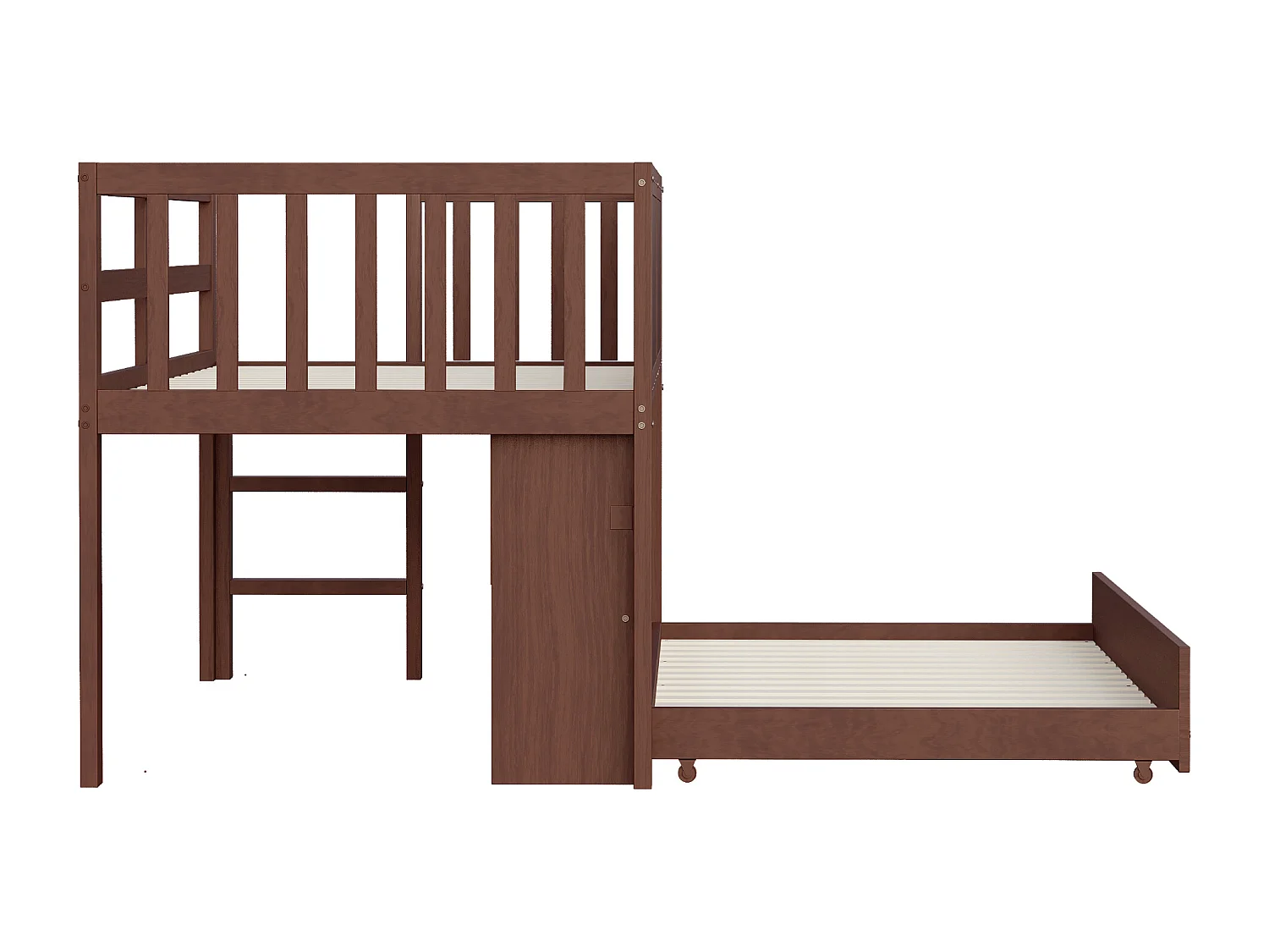Letto per bambini a mezza altezza 90x200cm con letto estraibile 90x190cm - Contenitore e lavagna - Naturale scuro