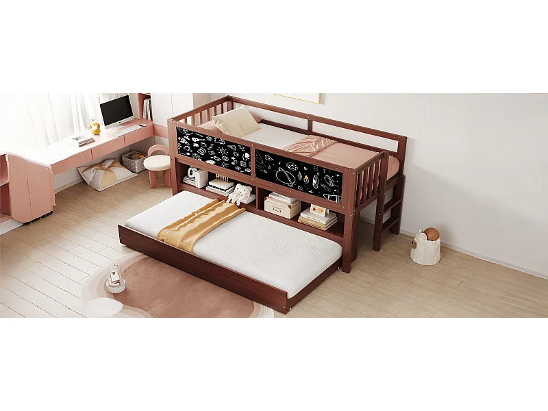 Cama infantil de 90x200cm con cama nido de 90x190cm - Almacenaje y pizarra - Natural oscuro