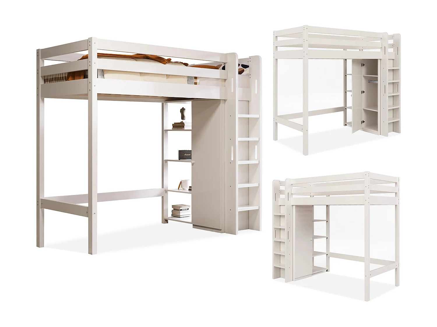 Lit mezzanine 90x200cm avec armoire et étagères - Lit en bois PB - Blanc