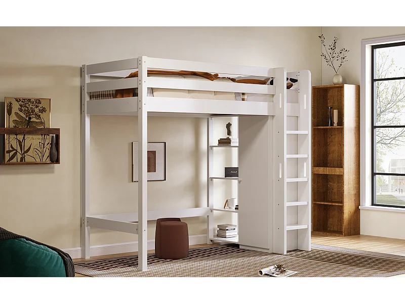Lit mezzanine 90x200cm avec armoire et étagères - Lit en bois PB - Blanc