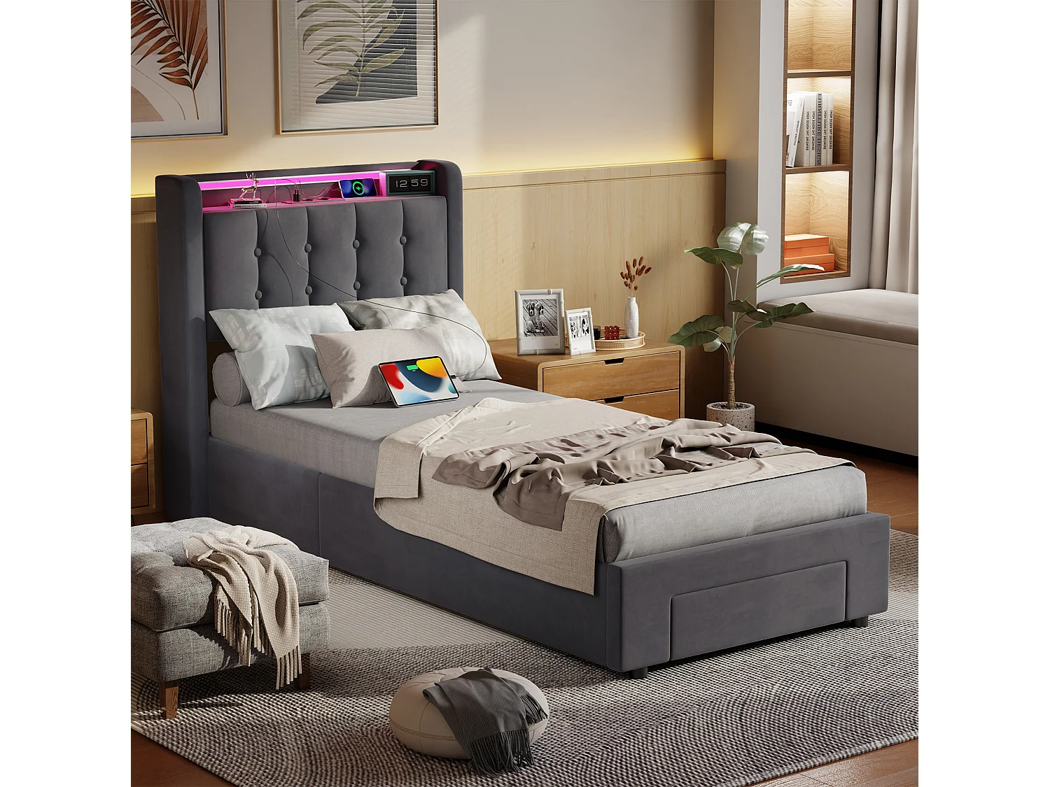 Lit coffre 90x200cm avec tiroir, prise et LED -Velours hollandais - Gris