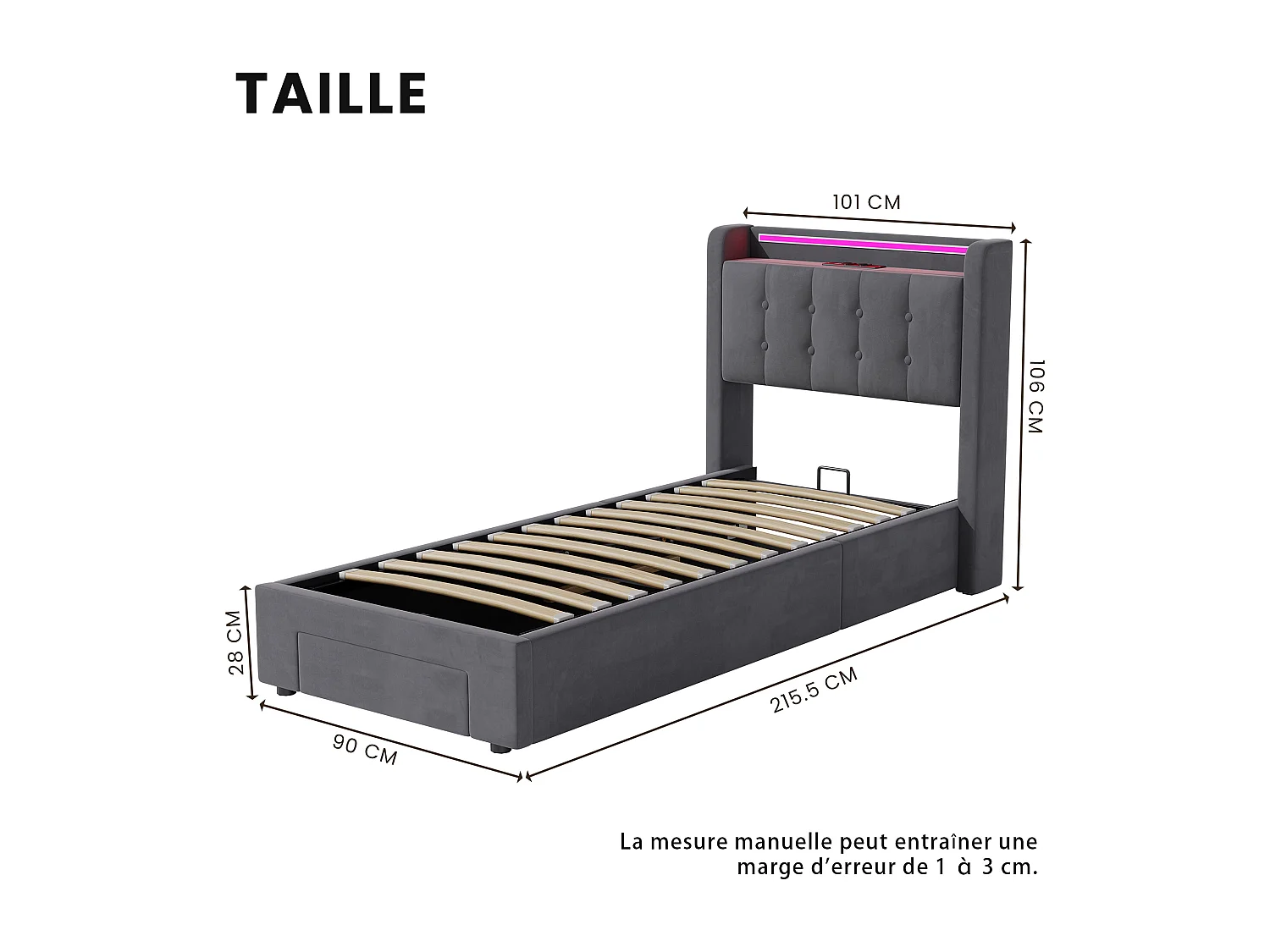 Lit coffre 90x200cm avec tiroir, prise et LED -Velours hollandais - Gris