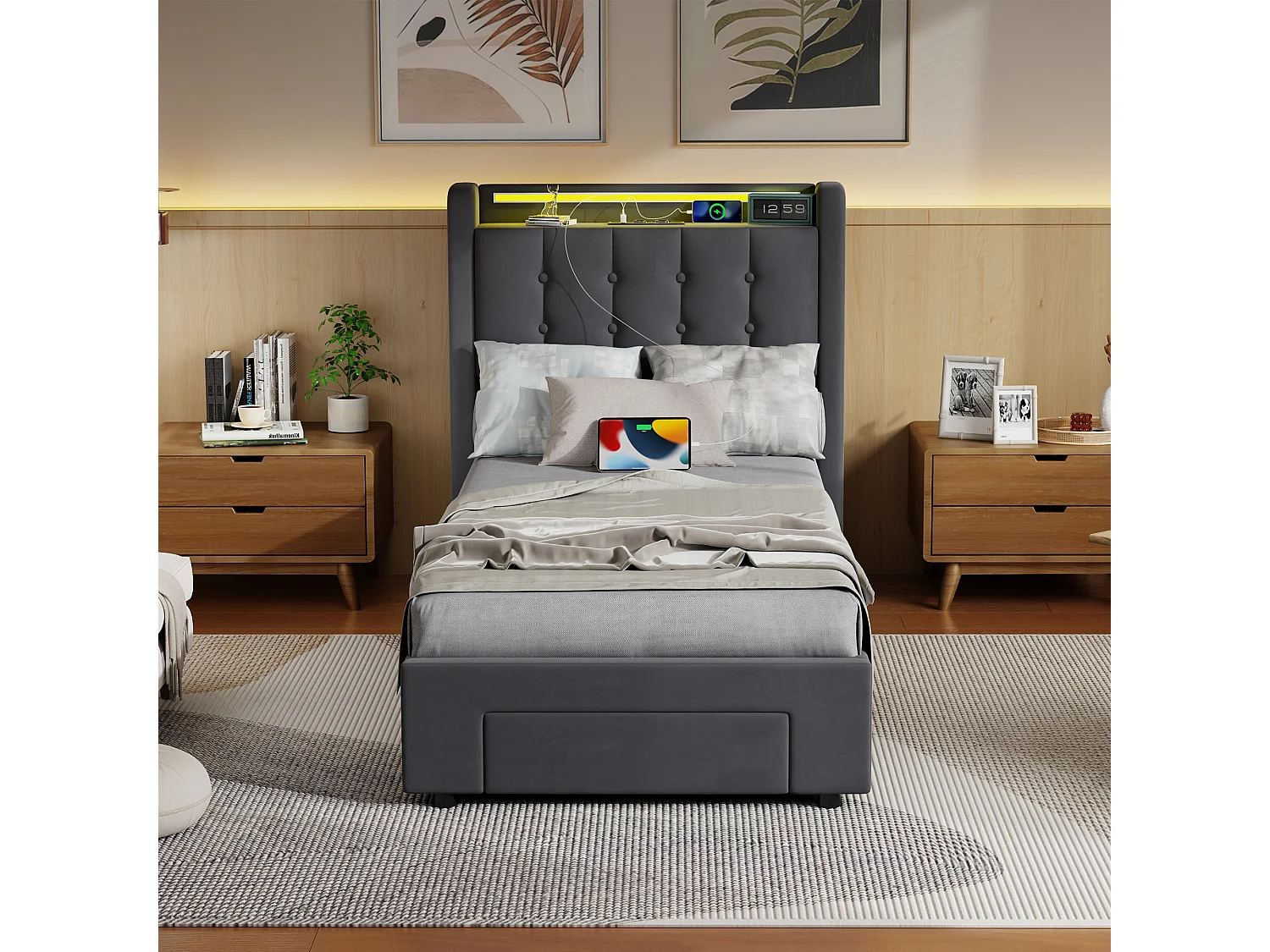 Lit coffre 90x200cm avec tiroir, prise et LED -Velours hollandais - Gris