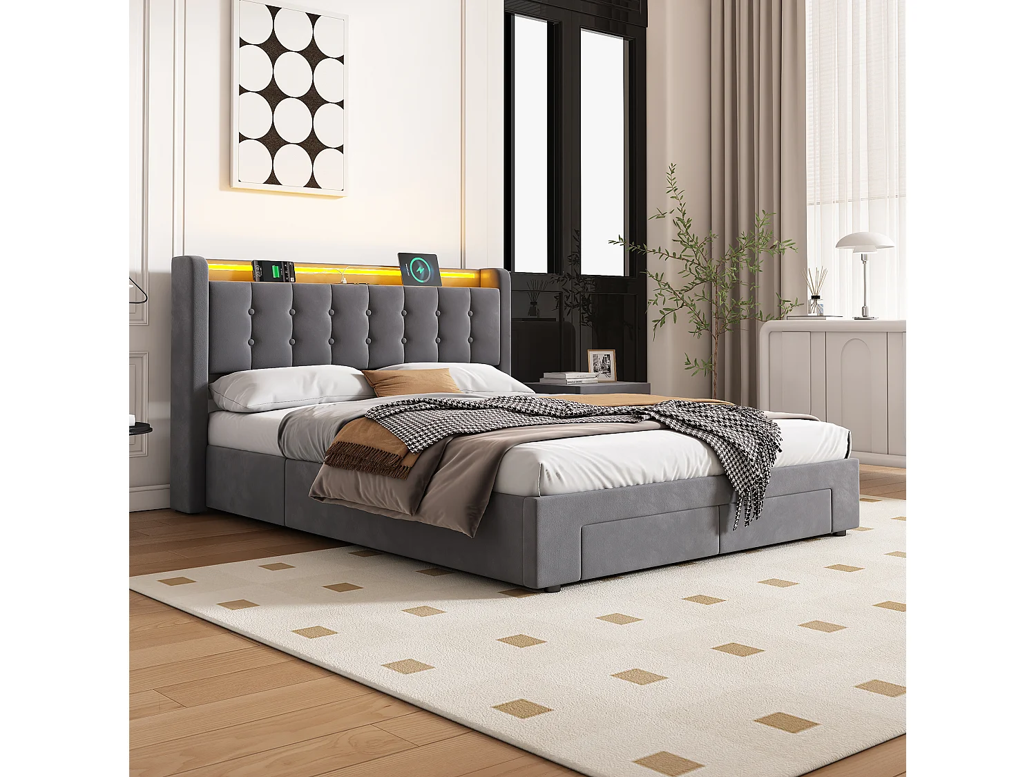 Lit coffre 90x200cm avec tiroir, prise et LED -Velours hollandais - Gris