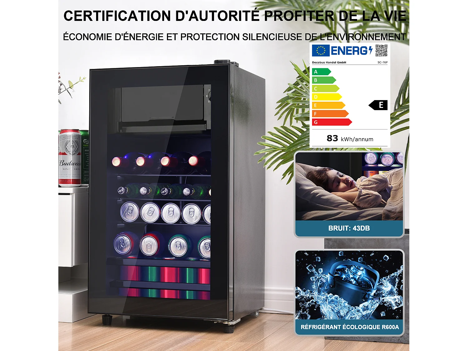 Réfrigérateur de 76 L avec LED - étagères réglables - Noir