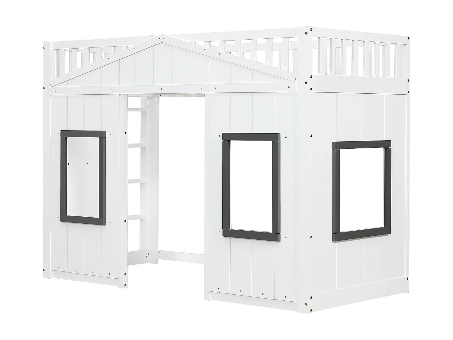 Cama alta de 90x200cm en madera de pino y MDF - Cama infantil con ventana - Color blanco