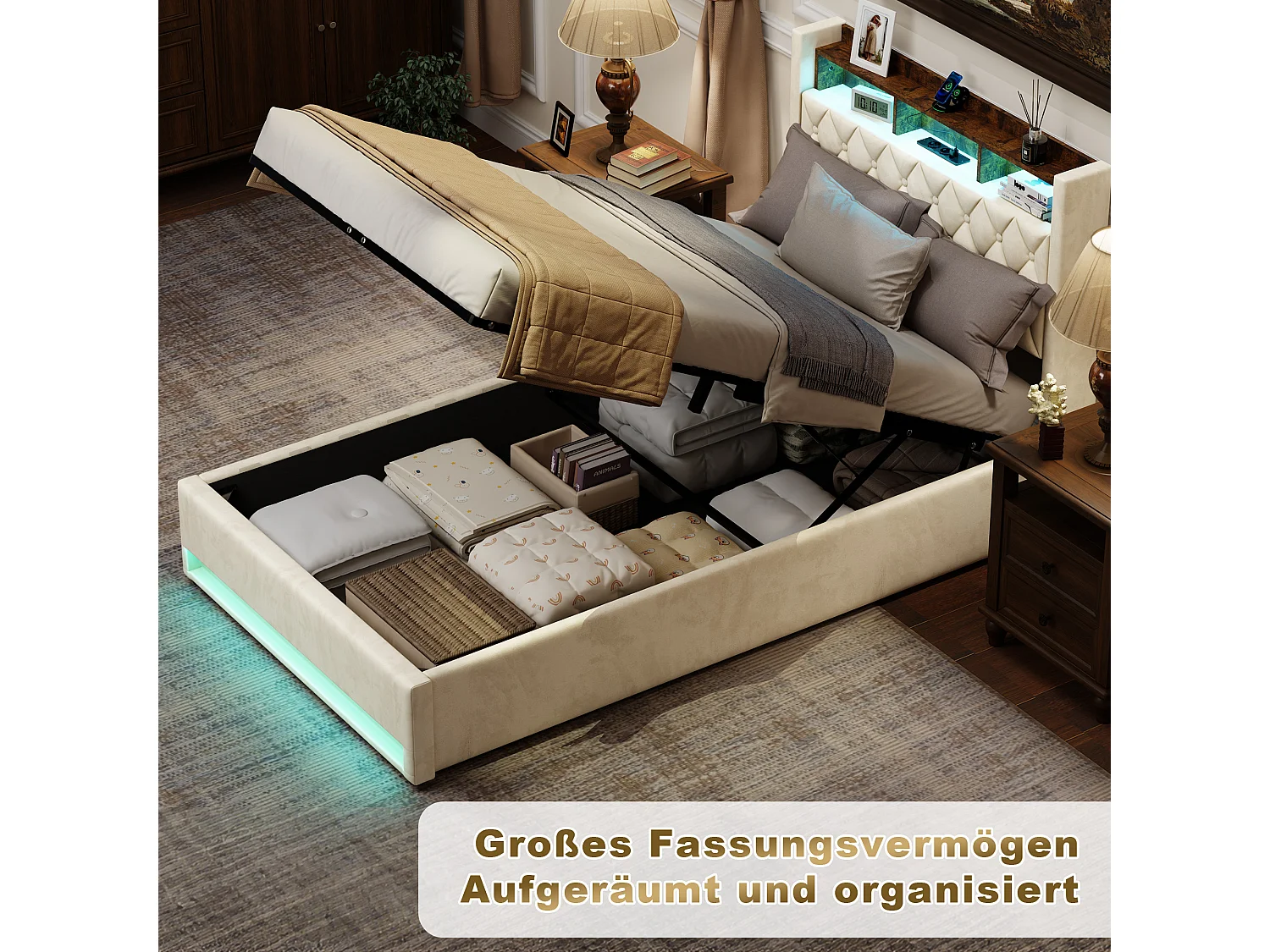 Lit coffre 140x200cm en velours hollandais - Lit adulte avec prise et LED - Beige