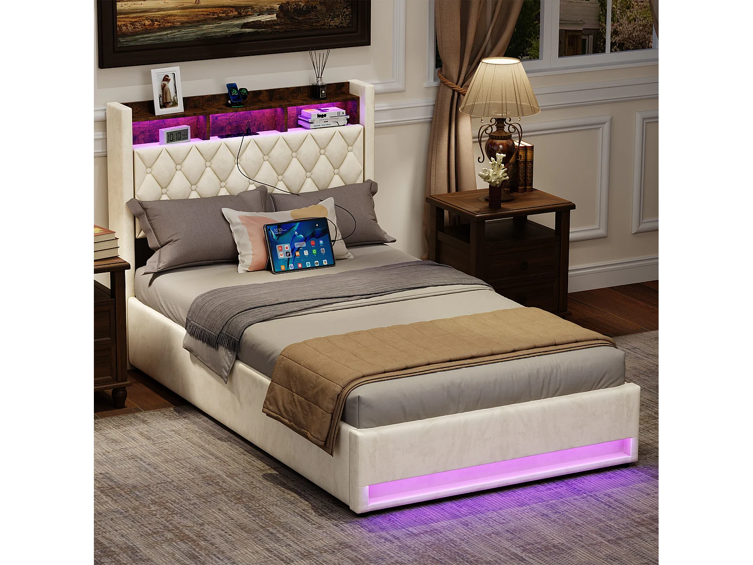 Lit coffre 140x200cm en velours hollandais - Lit adulte avec prise et LED - Beige